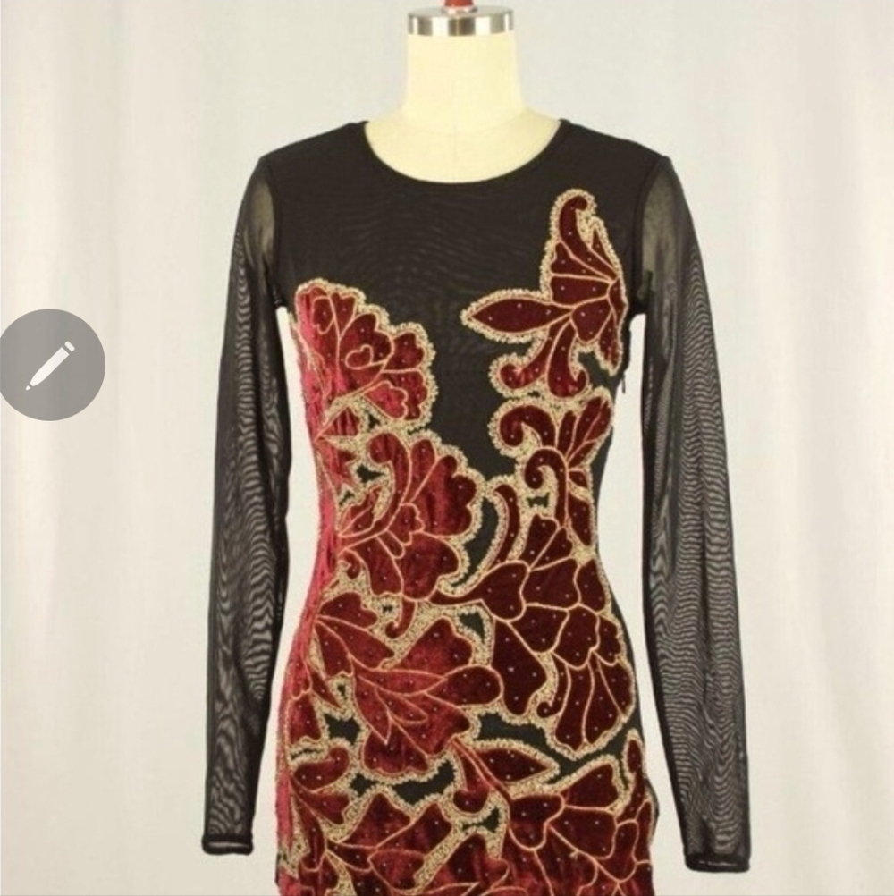 H:OURS Black Mesh Red Velvet Floral Gold Beaded Mini Bodycon Dress, Size XS